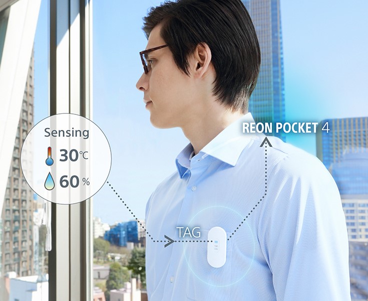 REON POCKET TAG が温湿度をセンシングし、REON POCKET 4を装着するビジネスマンに冷感を付与している様子